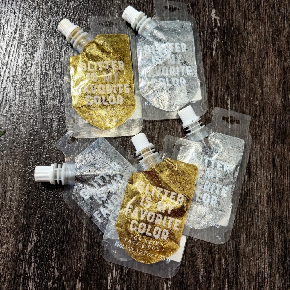 Body Glitter Gel Unisex 5 Pack Gold Silver Hair Face Body Sparkle Makeup Pouch